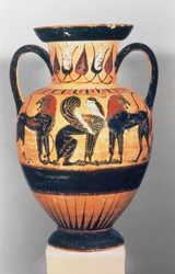 Chalcidische zwartfiguur-amfoor met een sfinx geflankeerd door twee leeuwen, door de Polyphemus Schilder, 540-30 v.Chr.